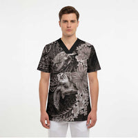 Hawaiian Plumeria and Hibiscus with Turtles Scrub Top Polynesian Art Grayscale - Polynesian Pride