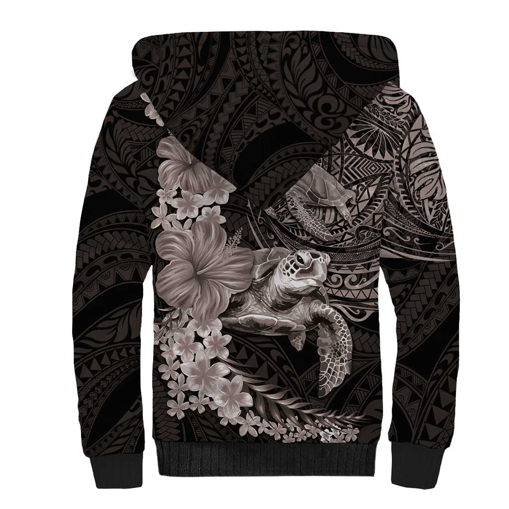 Hawaiian Plumeria and Hibiscus with Turtles Sherpa Hoodie Polynesian Art Grayscale - Polynesian Pride