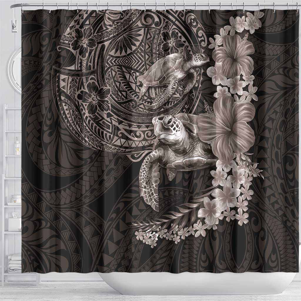 Hawaiian Plumeria and Hibiscus with Turtles Shower Curtain Polynesian Art Grayscale - Polynesian Pride