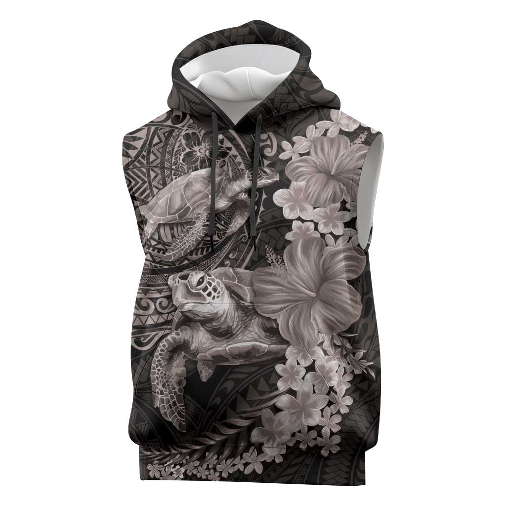 Hawaiian Plumeria and Hibiscus with Turtles Sleeveless Hoodie Polynesian Art Grayscale - Polynesian Pride