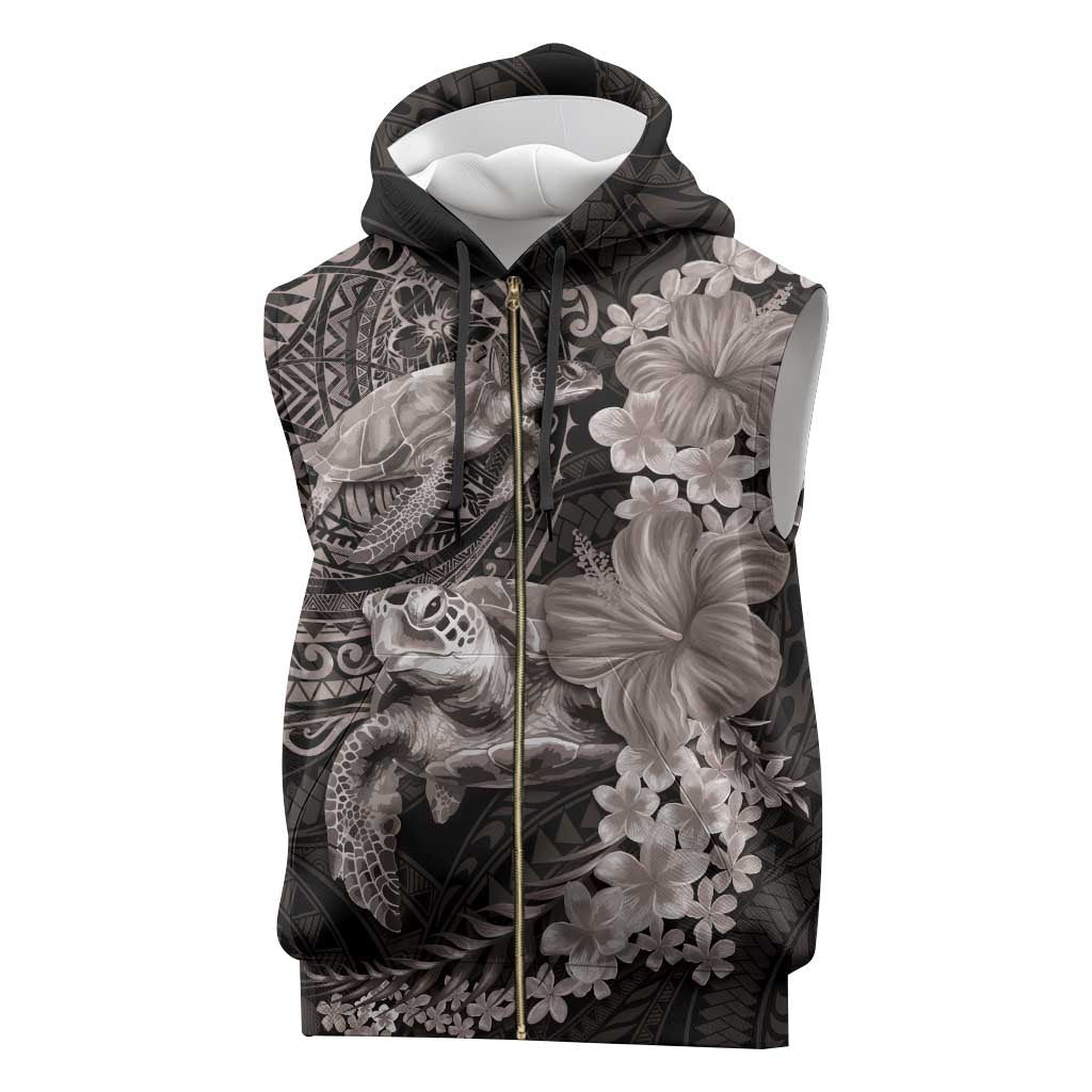 Hawaiian Plumeria and Hibiscus with Turtles Sleeveless Zip Hoodie Polynesian Art Grayscale - Polynesian Pride