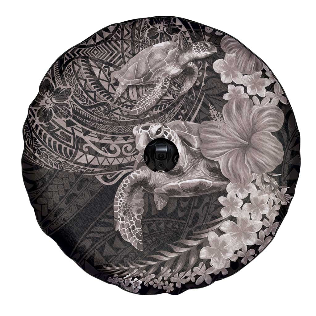 Hawaiian Plumeria and Hibiscus with Turtles Spare Tire Cover Polynesian Art Grayscale - Polynesian Pride