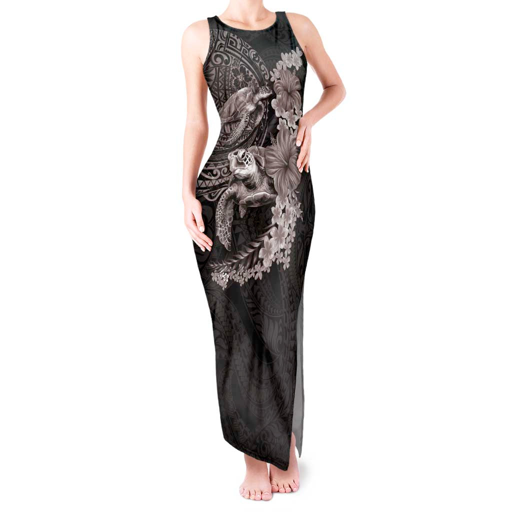 Hawaiian Plumeria and Hibiscus with Turtles Tank Maxi Dress Polynesian Art Grayscale - Polynesian Pride