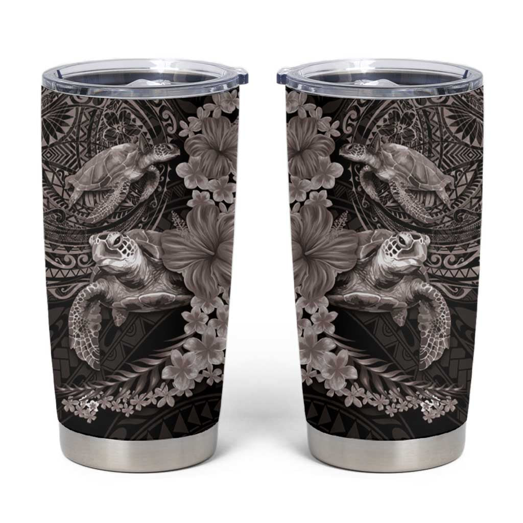 Hawaiian Plumeria and Hibiscus with Turtles Tumbler Cup Polynesian Art Grayscale - Polynesian Pride