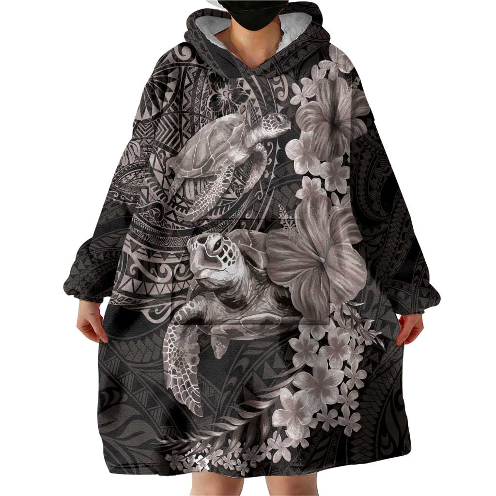 Hawaiian Plumeria and Hibiscus with Turtles Wearable Blanket Hoodie Polynesian Art Grayscale - Polynesian Pride