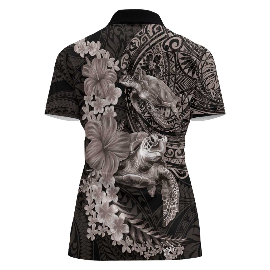 Hawaiian Plumeria and Hibiscus with Turtles Women Polo Shirt Polynesian Art Grayscale - Polynesian Pride