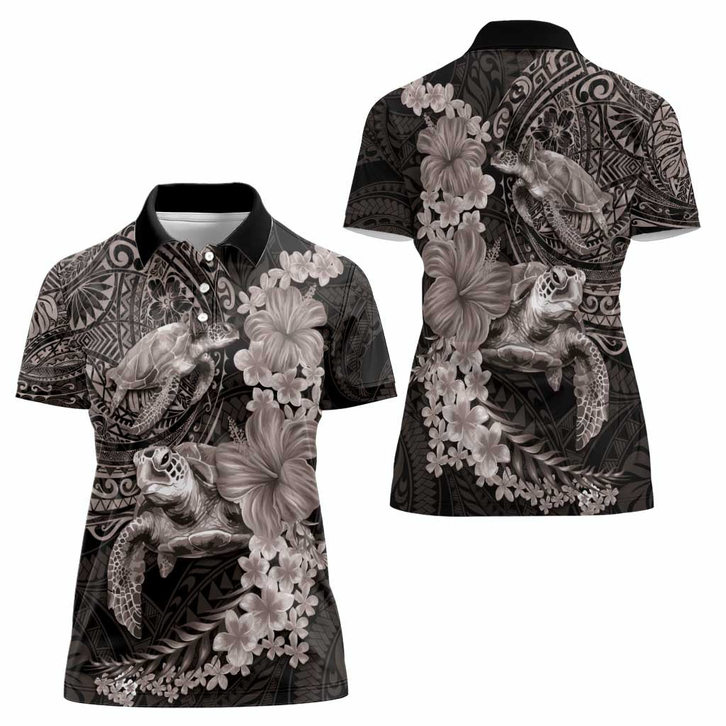Hawaiian Plumeria and Hibiscus with Turtles Women Polo Shirt Polynesian Art Grayscale - Polynesian Pride