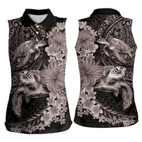 Hawaiian Plumeria and Hibiscus with Turtles Women Sleeveless Polo Shirt Polynesian Art Grayscale - Polynesian Pride