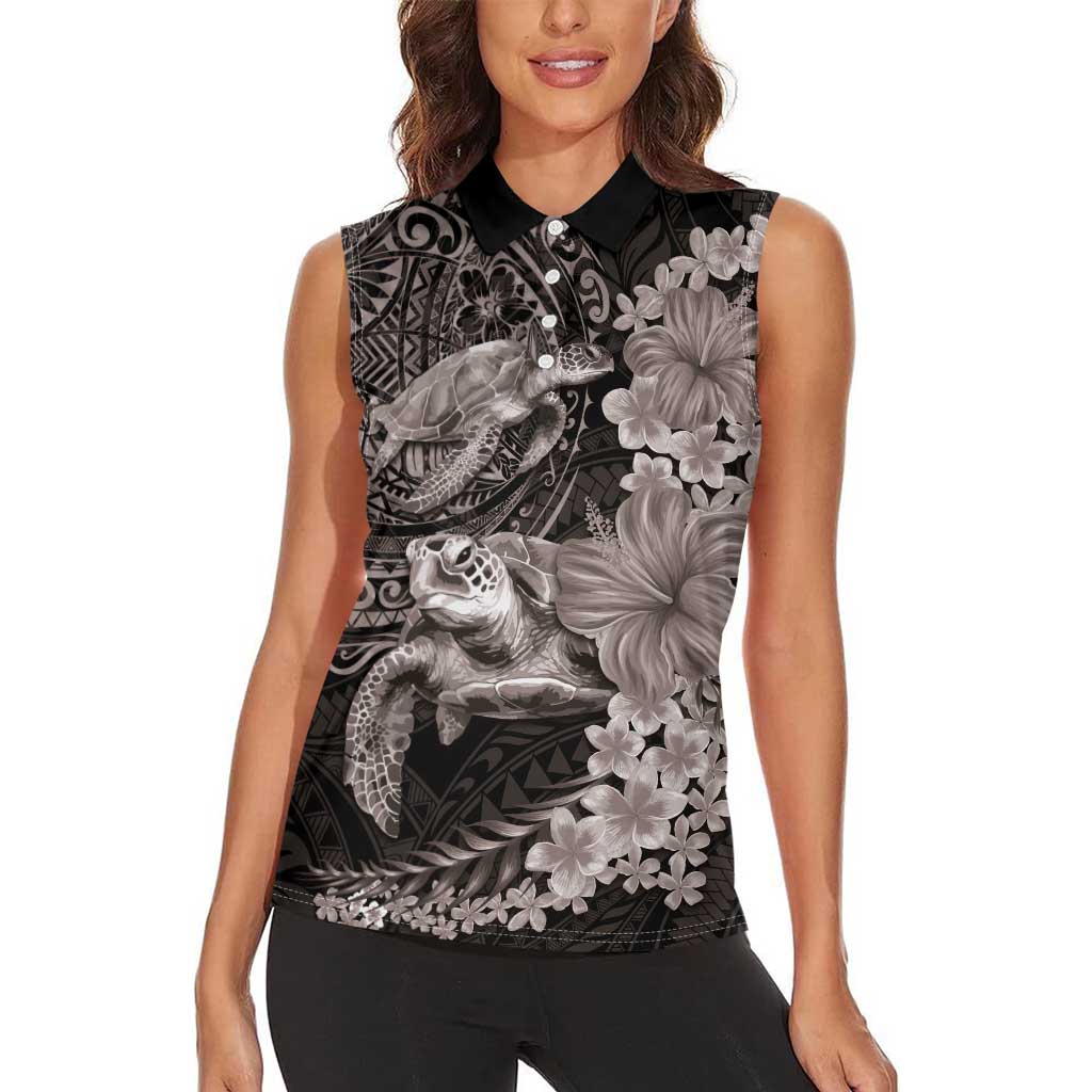 Hawaiian Plumeria and Hibiscus with Turtles Women Sleeveless Polo Shirt Polynesian Art Grayscale - Polynesian Pride