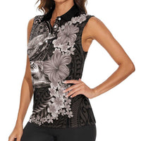 Hawaiian Plumeria and Hibiscus with Turtles Women Sleeveless Polo Shirt Polynesian Art Grayscale - Polynesian Pride