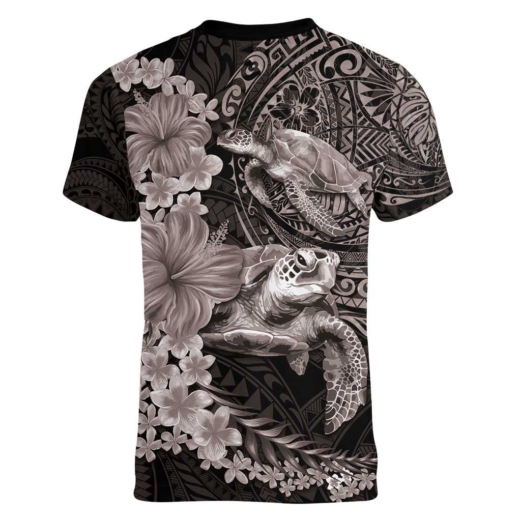 Hawaiian Plumeria and Hibiscus with Turtles Women V-Neck T-Shirt Polynesian Art Grayscale - Polynesian Pride