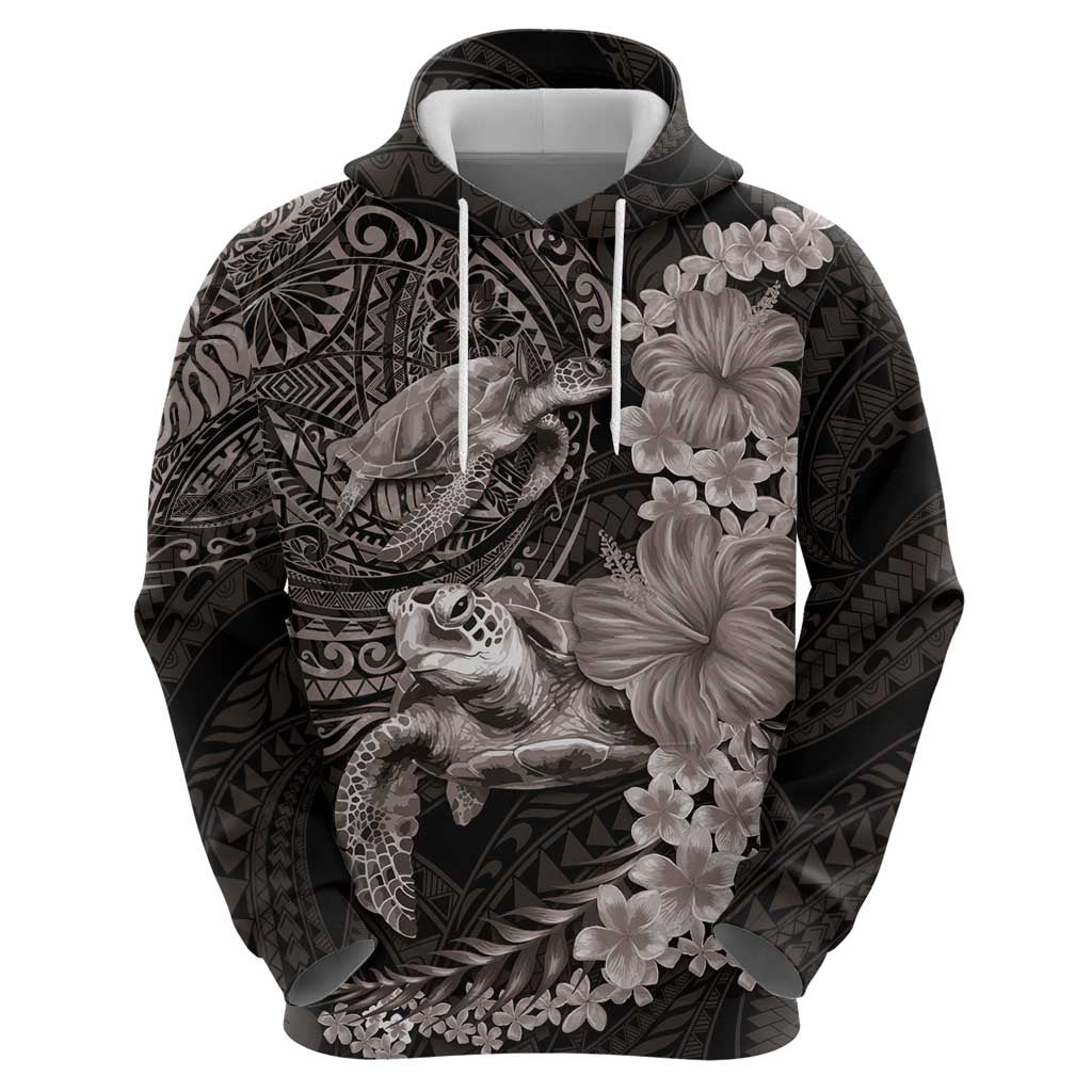 Hawaiian Plumeria and Hibiscus with Turtles Zip Hoodie Polynesian Art Grayscale - Polynesian Pride