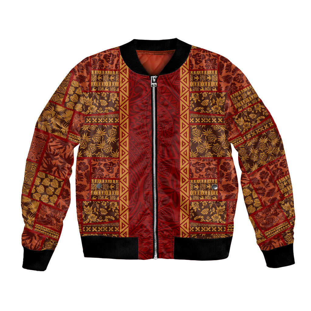 Hawaii Style Hibiscus and Tribal Element Fabric Patchwork Bomber Jacket LT03 Unisex Red - Polynesian Pride