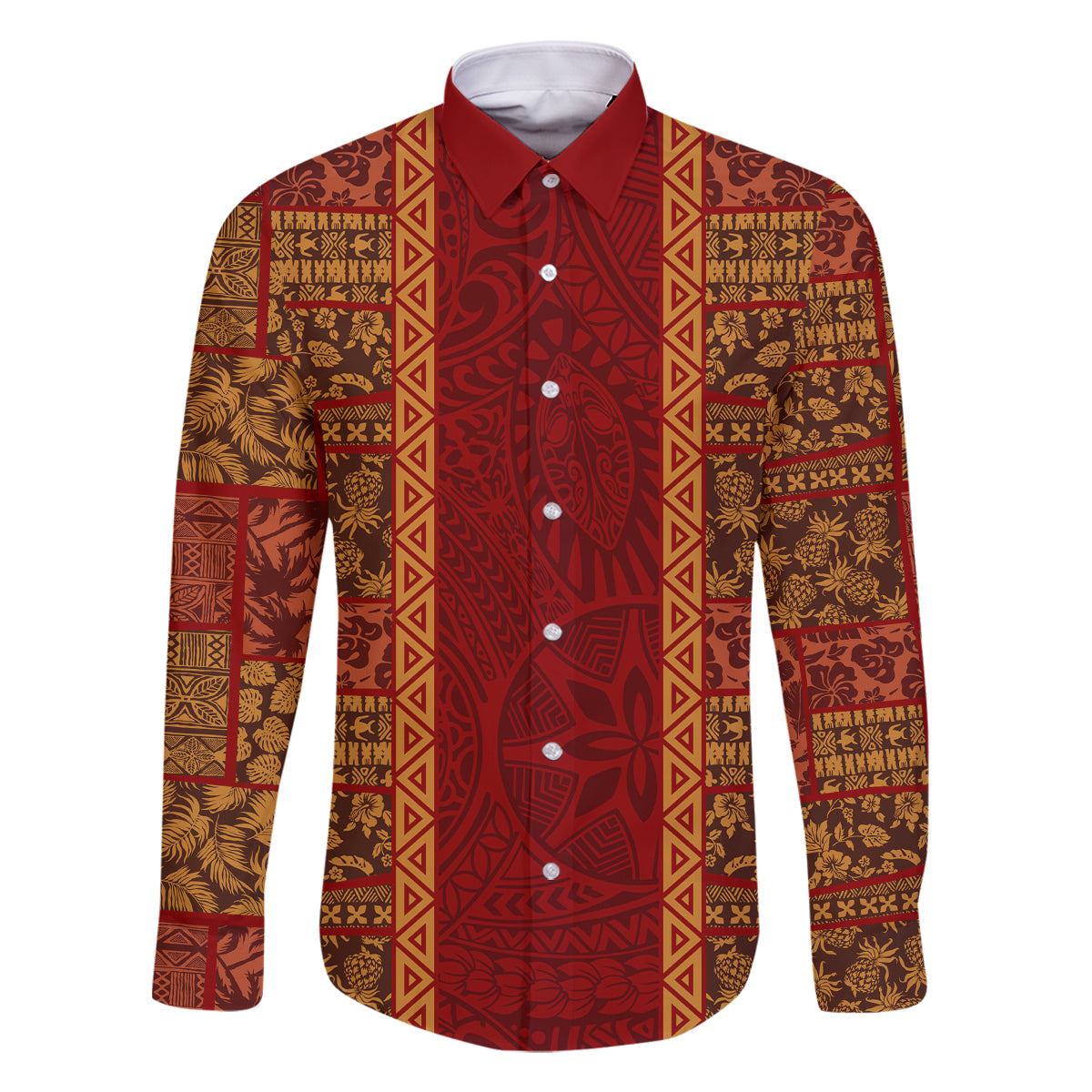 Hawaii Style Hibiscus and Tribal Element Fabric Patchwork Family Matching Long Sleeve Bodycon Dress and Hawaiian Shirt LT03 Dad's Shirt - Long Sleeve Red - Polynesian Pride