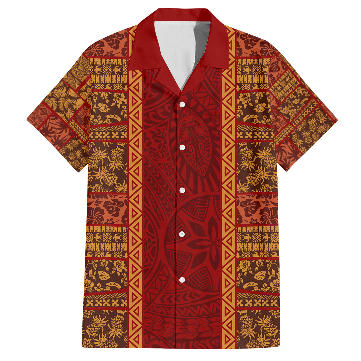 Hawaii Style Hibiscus and Tribal Element Fabric Patchwork Family Matching Puletasi Dress and Hawaiian Shirt LT03 Dad's Shirt - Short Sleeve Red - Polynesian Pride