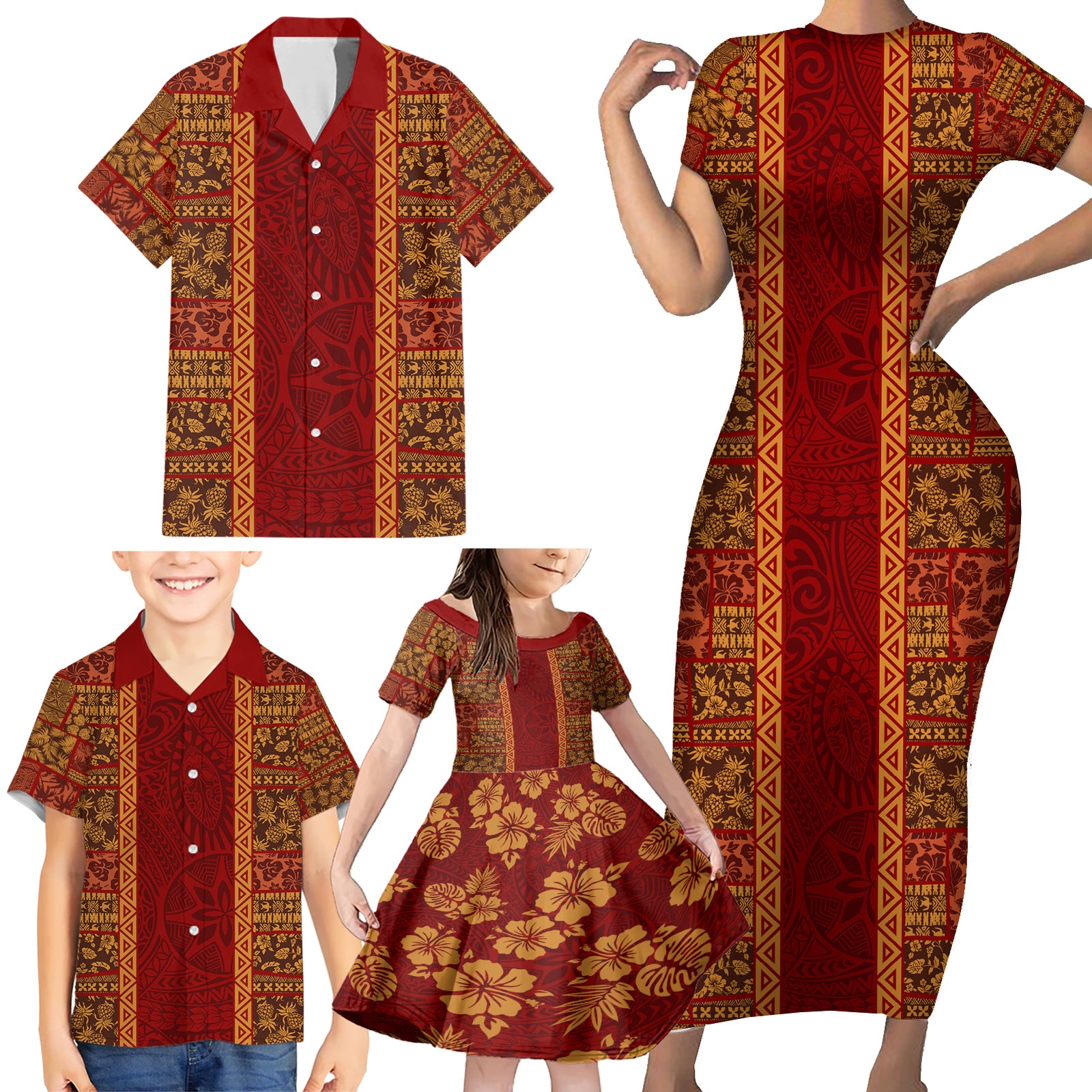 Hawaii Style Hibiscus and Tribal Element Fabric Patchwork Family Matching Short Sleeve Bodycon Dress and Hawaiian Shirt LT03 - Polynesian Pride