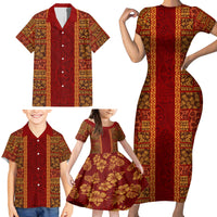 Hawaii Style Hibiscus and Tribal Element Fabric Patchwork Family Matching Short Sleeve Bodycon Dress and Hawaiian Shirt LT03 - Polynesian Pride
