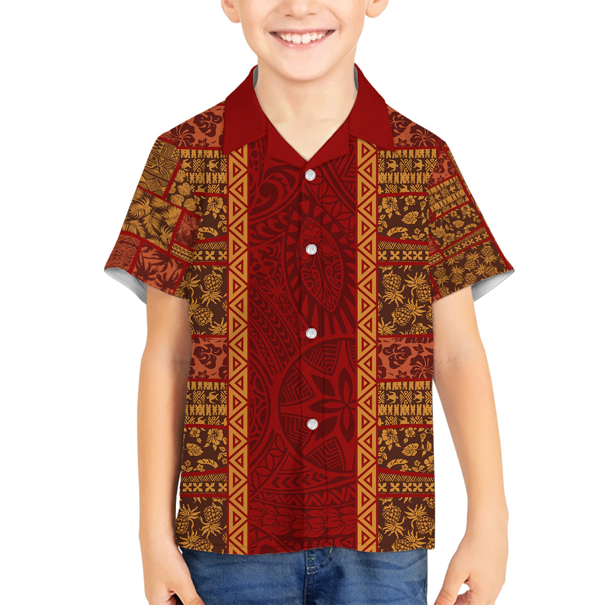 Hawaii Style Hibiscus and Tribal Element Fabric Patchwork Family Matching Tank Maxi Dress and Hawaiian Shirt LT03 Son's Shirt Red - Polynesian Pride