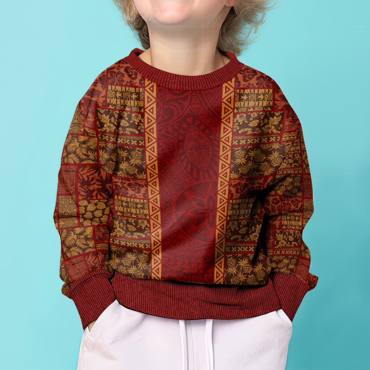 Hawaii Style Hibiscus and Tribal Element Fabric Patchwork Kid Ugly Christmas Sweater LT03 - Polynesian Pride