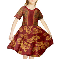 Hawaii Style Hibiscus and Tribal Element Fabric Patchwork Kid Short Sleeve Dress LT03 - Polynesian Pride