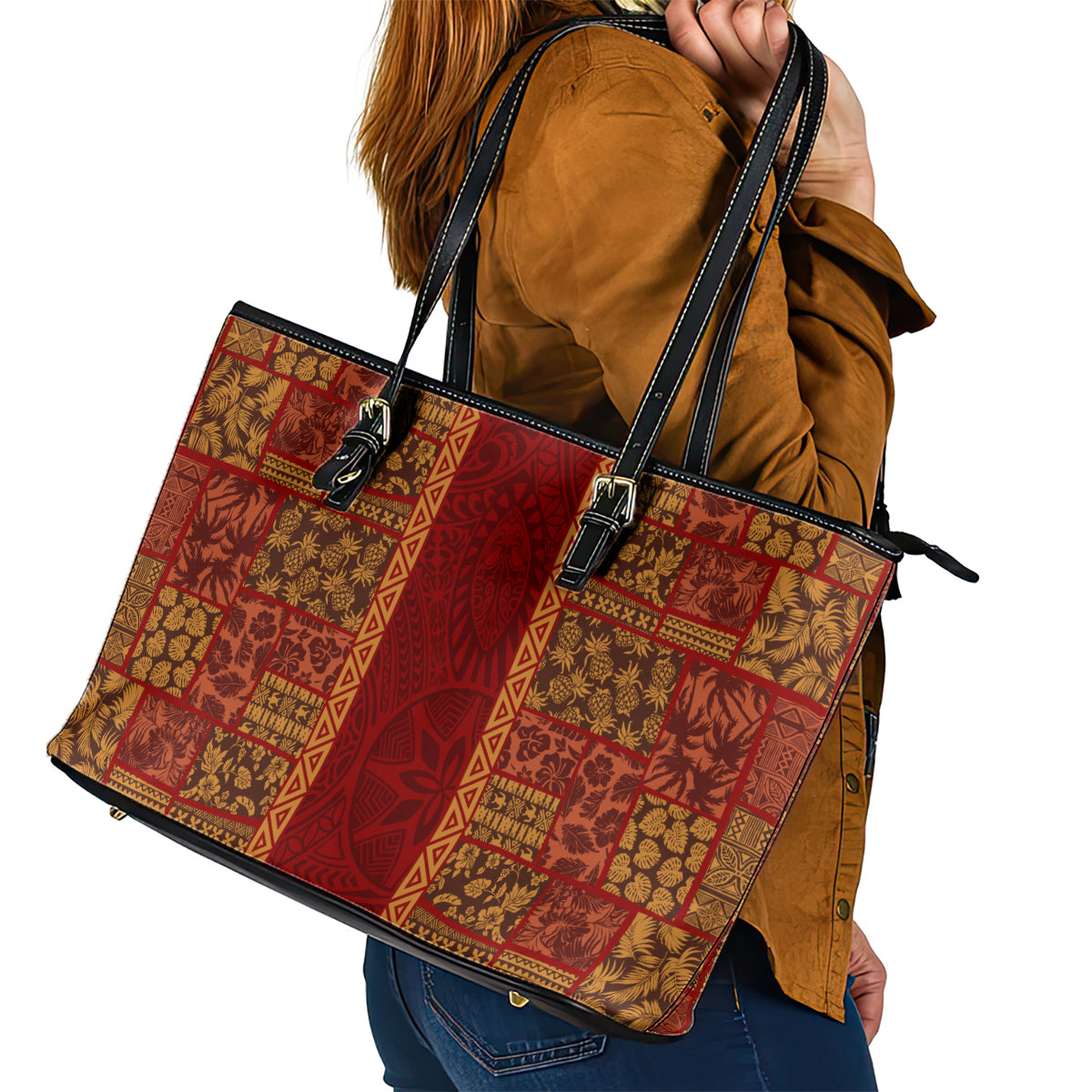 Hawaii Style Hibiscus and Tribal Element Fabric Patchwork Leather Tote Bag LT03 - Polynesian Pride
