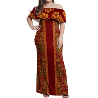 Hawaii Style Hibiscus and Tribal Element Fabric Patchwork Off Shoulder Maxi Dress LT03 Women Red - Polynesian Pride