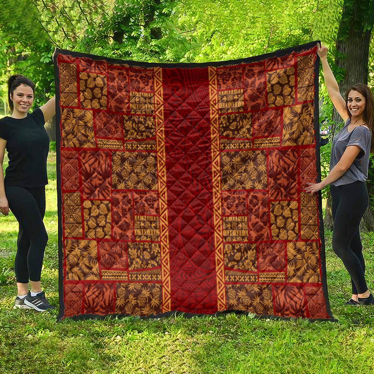 Hawaii Style Hibiscus and Tribal Element Fabric Patchwork Quilt LT03 - Polynesian Pride