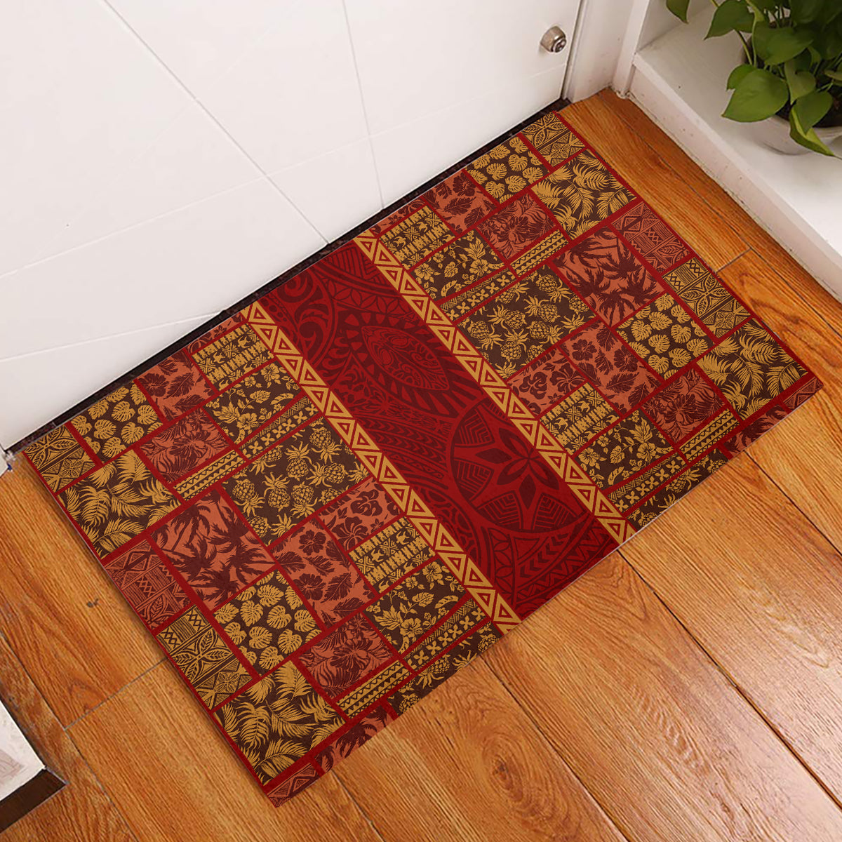 Hawaii Style Hibiscus and Tribal Element Fabric Patchwork Rubber Doormat LT03 Red - Polynesian Pride