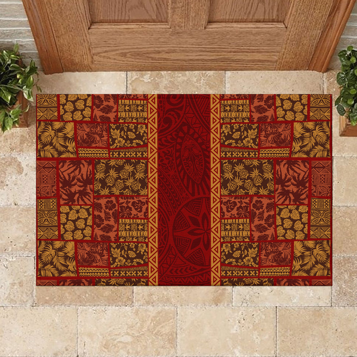 Hawaii Style Hibiscus and Tribal Element Fabric Patchwork Rubber Doormat LT03 - Polynesian Pride