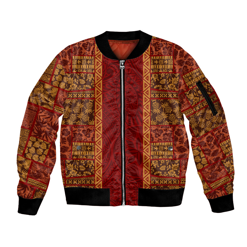 Hawaii Style Hibiscus and Tribal Element Fabric Patchwork Sleeve Zip Bomber Jacket LT03 Unisex Red - Polynesian Pride