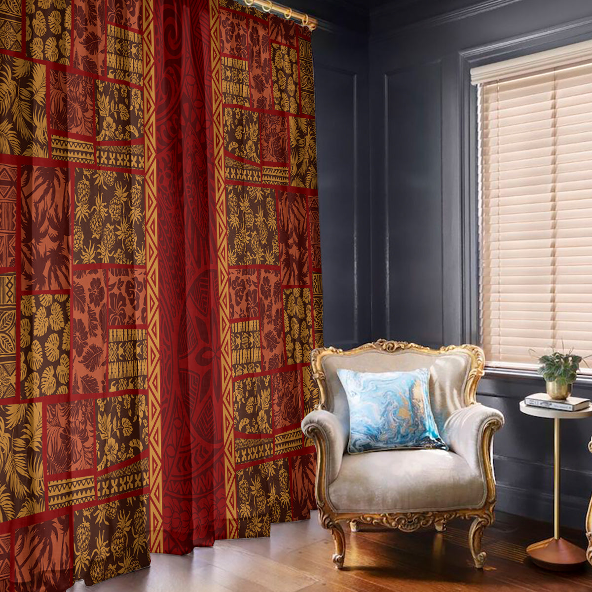 Hawaii Style Hibiscus and Tribal Element Fabric Patchwork Window Curtain LT03 - Polynesian Pride