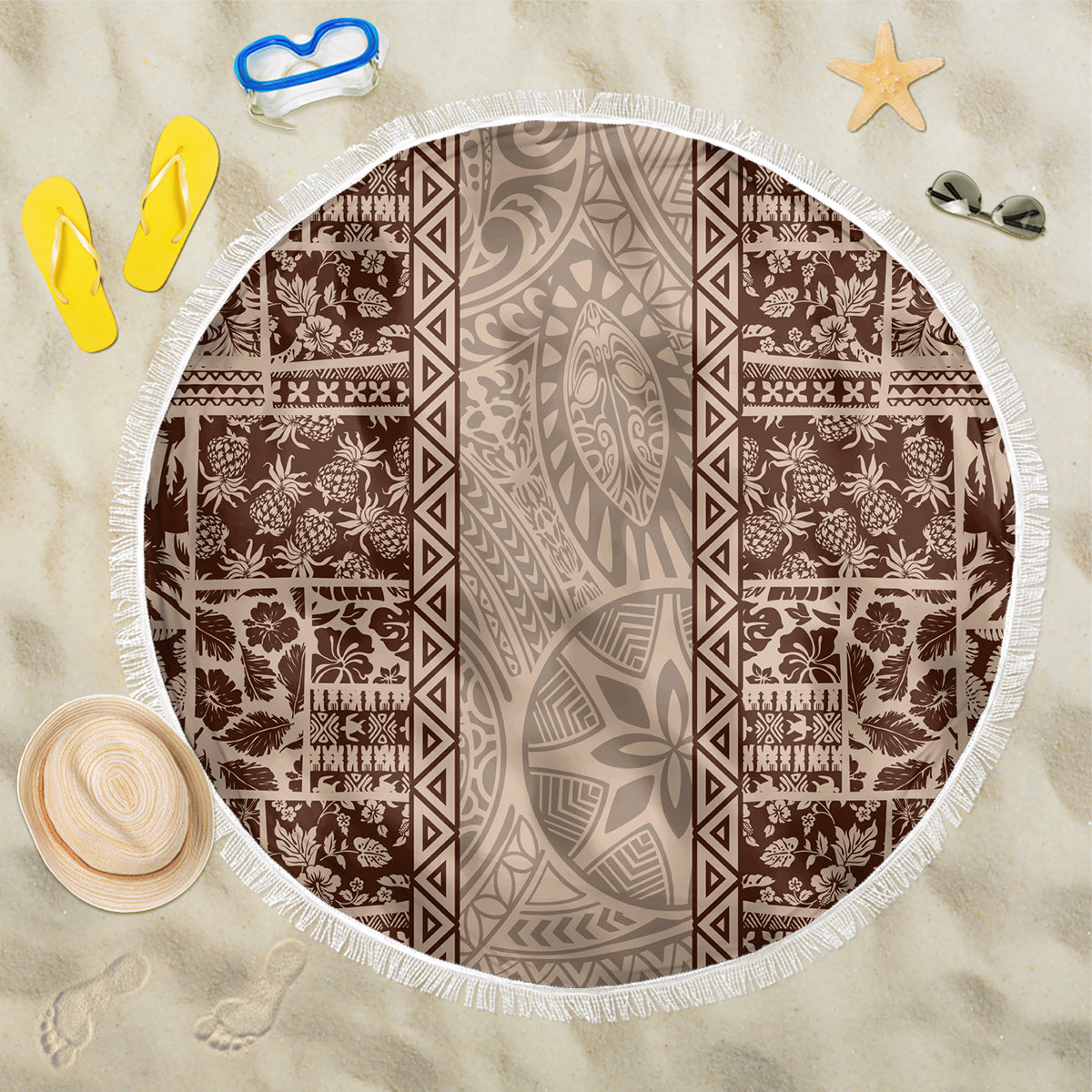 Hawaii Style Hibiscus and Tribal Element Fabric Patchwork Beach Blanket Beige Version LT03 One Size 150cm Beige - Polynesian Pride