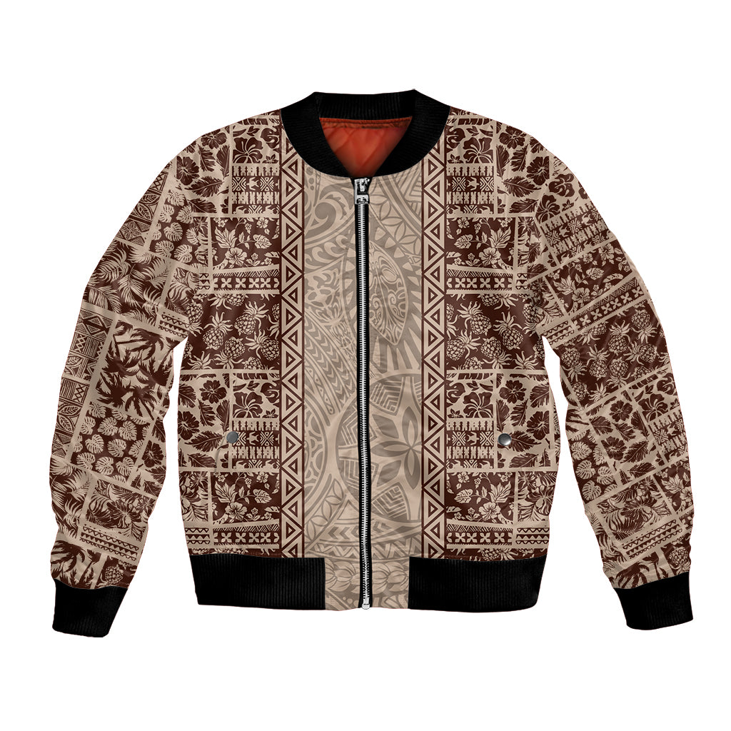 Hawaii Style Hibiscus and Tribal Element Fabric Patchwork Bomber Jacket Beige Version LT03 Unisex Beige - Polynesian Pride