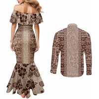 Hawaii Style Hibiscus and Tribal Element Fabric Patchwork Couples Matching Mermaid Dress and Long Sleeve Button Shirt Beige Version LT03 - Polynesian Pride