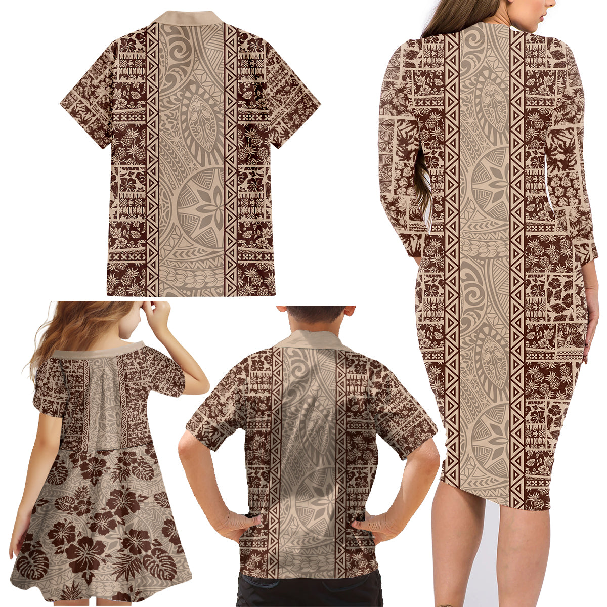 Hawaii Style Hibiscus and Tribal Element Fabric Patchwork Family Matching Long Sleeve Bodycon Dress and Hawaiian Shirt Beige Version LT03 - Polynesian Pride