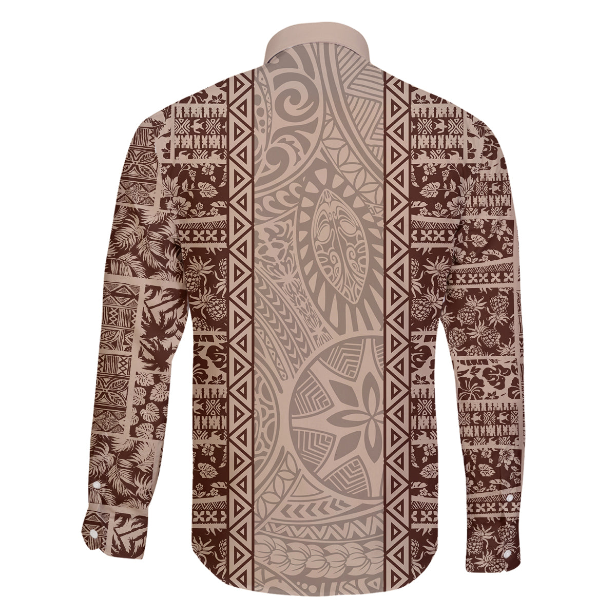 Hawaii Style Hibiscus and Tribal Element Fabric Patchwork Family Matching Long Sleeve Bodycon Dress and Hawaiian Shirt Beige Version LT03 - Polynesian Pride