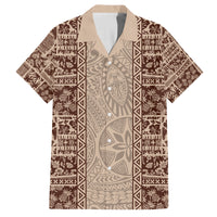 Hawaii Style Hibiscus and Tribal Element Fabric Patchwork Family Matching Off Shoulder Maxi Dress and Hawaiian Shirt Beige Version LT03 Dad's Shirt - Short Sleeve Beige - Polynesian Pride