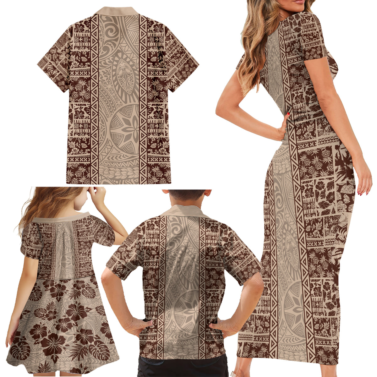 Hawaii Style Hibiscus and Tribal Element Fabric Patchwork Family Matching Short Sleeve Bodycon Dress and Hawaiian Shirt Beige Version LT03 - Polynesian Pride