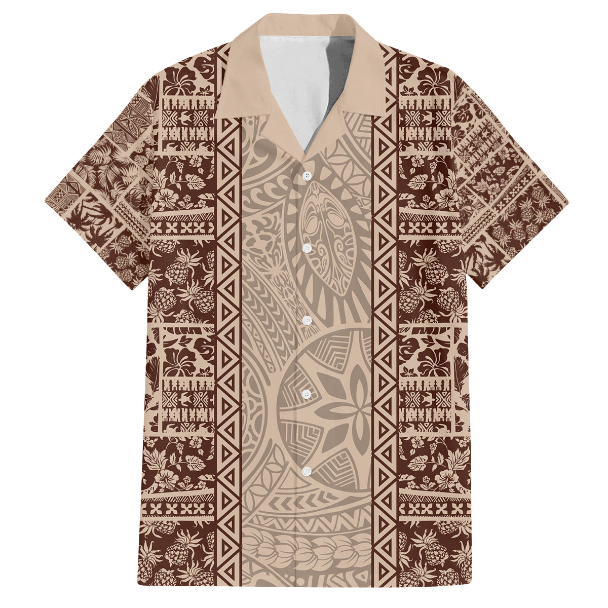 Hawaii Style Hibiscus and Tribal Element Fabric Patchwork Family Matching Summer Maxi Dress and Hawaiian Shirt Beige Version LT03 Dad's Shirt - Short Sleeve Beige - Polynesian Pride