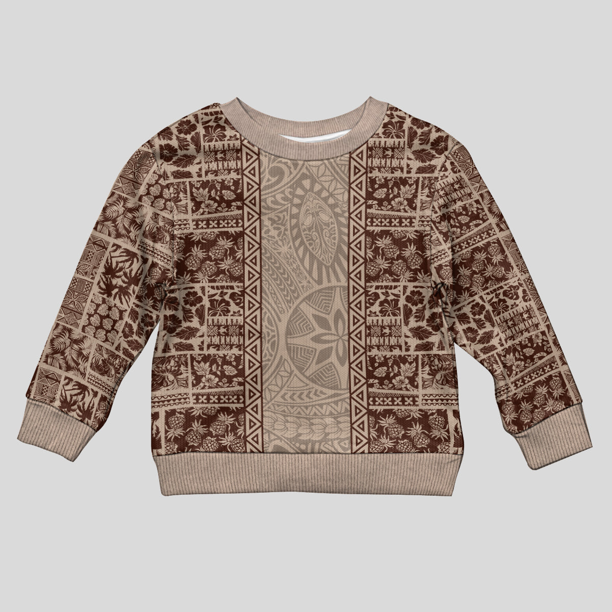 Hawaii Style Hibiscus and Tribal Element Fabric Patchwork Kid Ugly Christmas Sweater Beige Version LT03 Kid Beige - Polynesian Pride