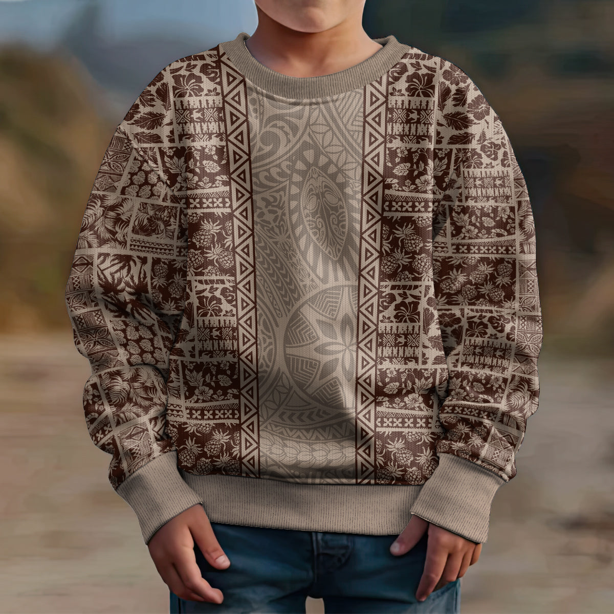 Hawaii Style Hibiscus and Tribal Element Fabric Patchwork Kid Ugly Christmas Sweater Beige Version LT03 - Polynesian Pride