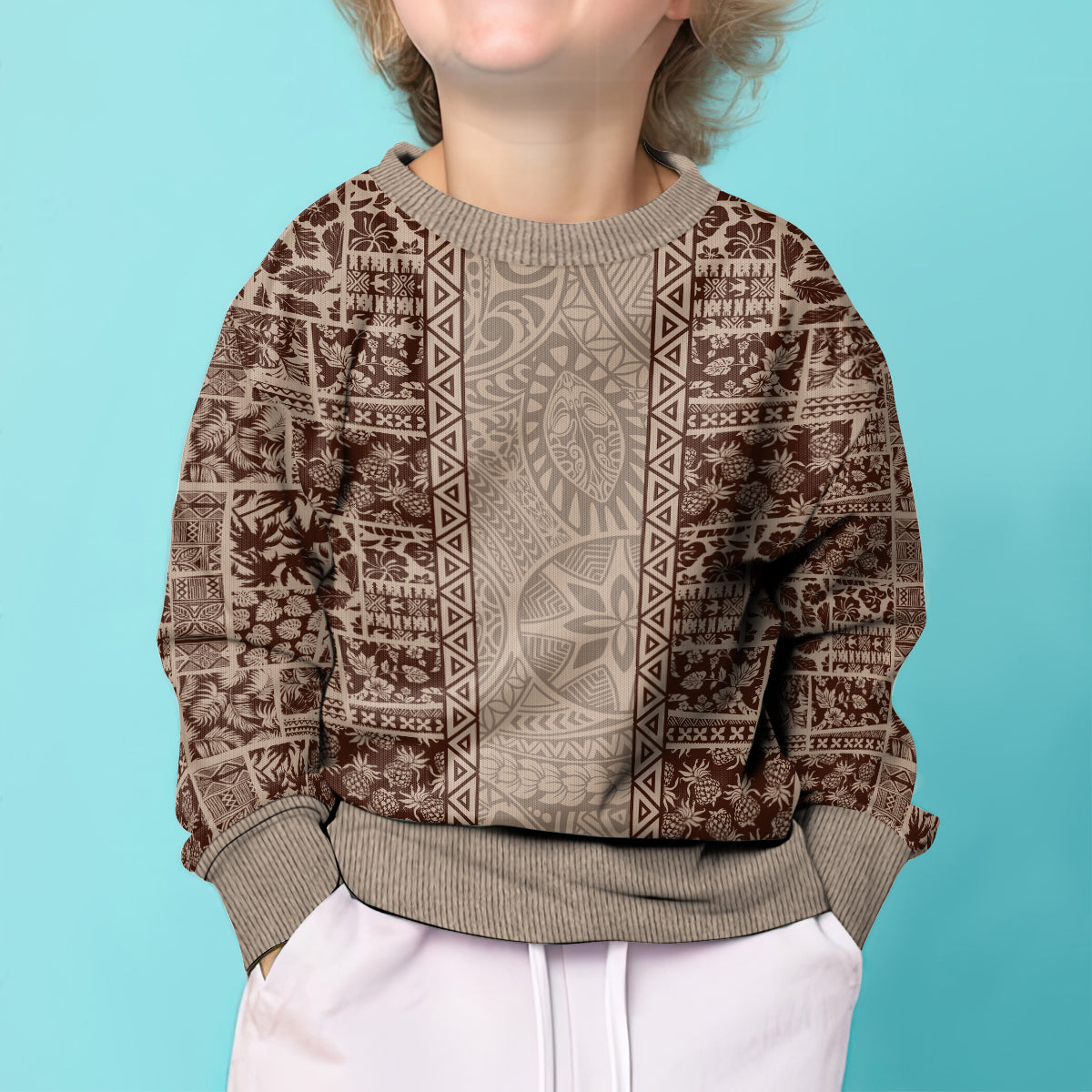 Hawaii Style Hibiscus and Tribal Element Fabric Patchwork Kid Ugly Christmas Sweater Beige Version LT03 - Polynesian Pride