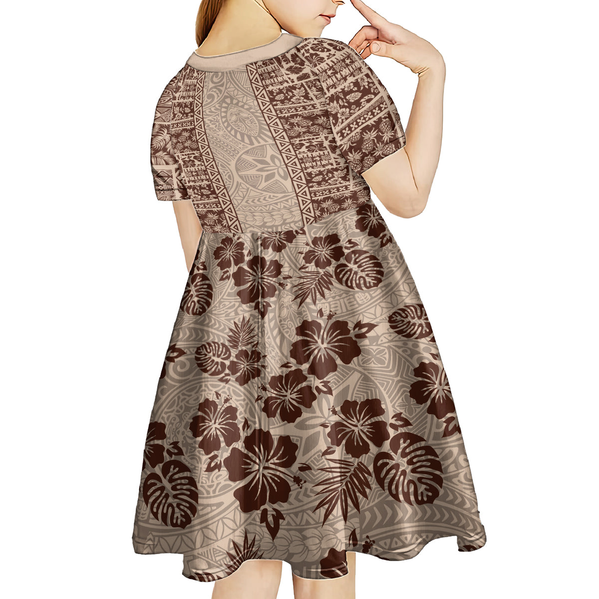 Hawaii Style Hibiscus and Tribal Element Fabric Patchwork Kid Short Sleeve Dress Beige Version LT03 - Polynesian Pride