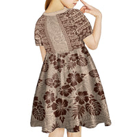 Hawaii Style Hibiscus and Tribal Element Fabric Patchwork Kid Short Sleeve Dress Beige Version LT03 - Polynesian Pride
