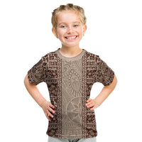 Hawaii Style Hibiscus and Tribal Element Fabric Patchwork Kid T Shirt Beige Version LT03 Beige - Polynesian Pride