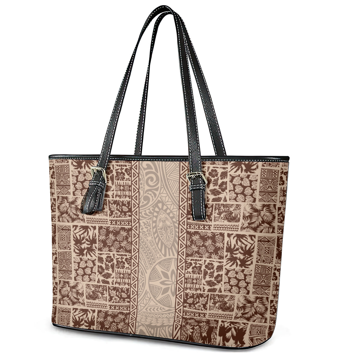 Hawaii Style Hibiscus and Tribal Element Fabric Patchwork Leather Tote Bag Beige Version LT03 - Polynesian Pride