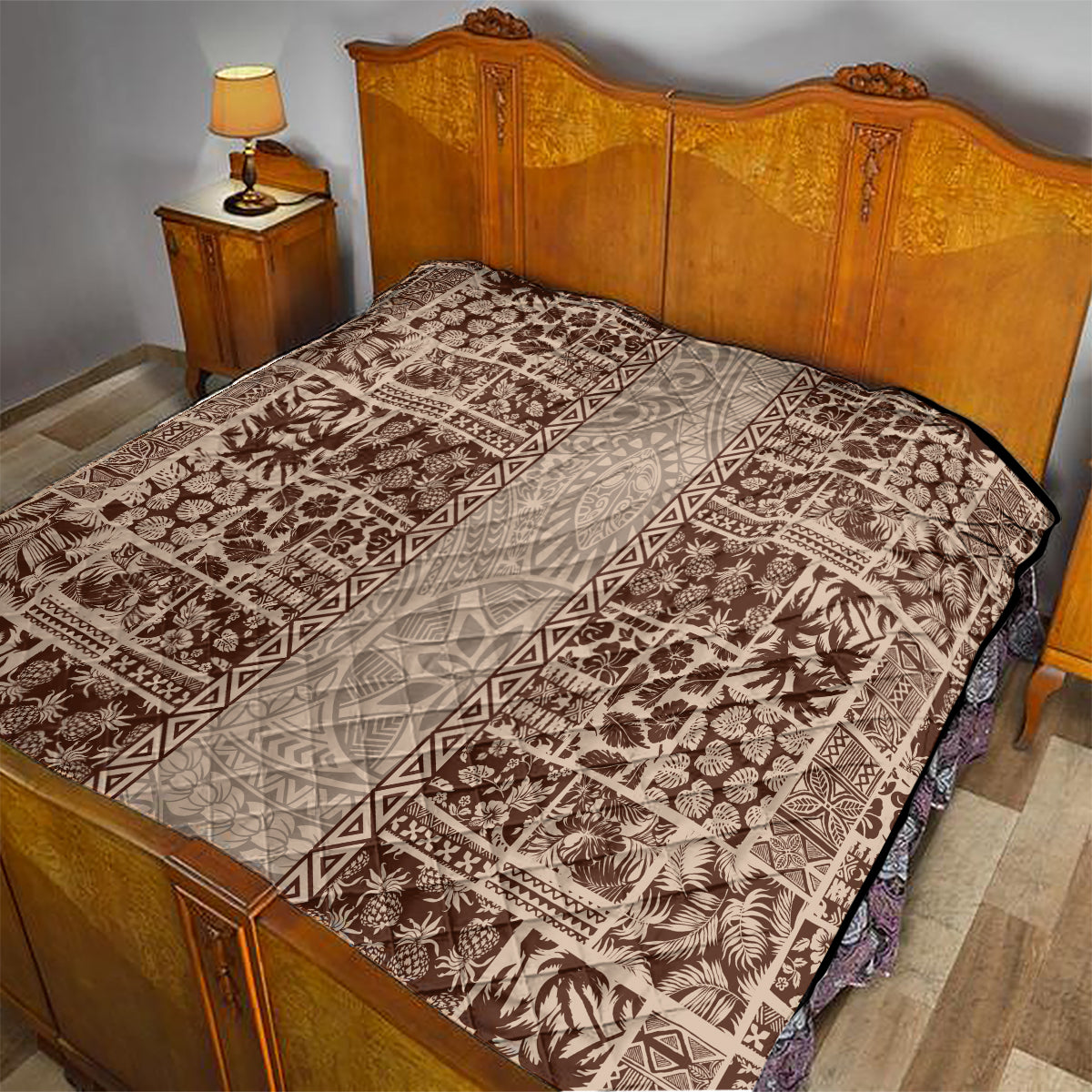 Hawaii Style Hibiscus and Tribal Element Fabric Patchwork Quilt Beige Version LT03 - Polynesian Pride