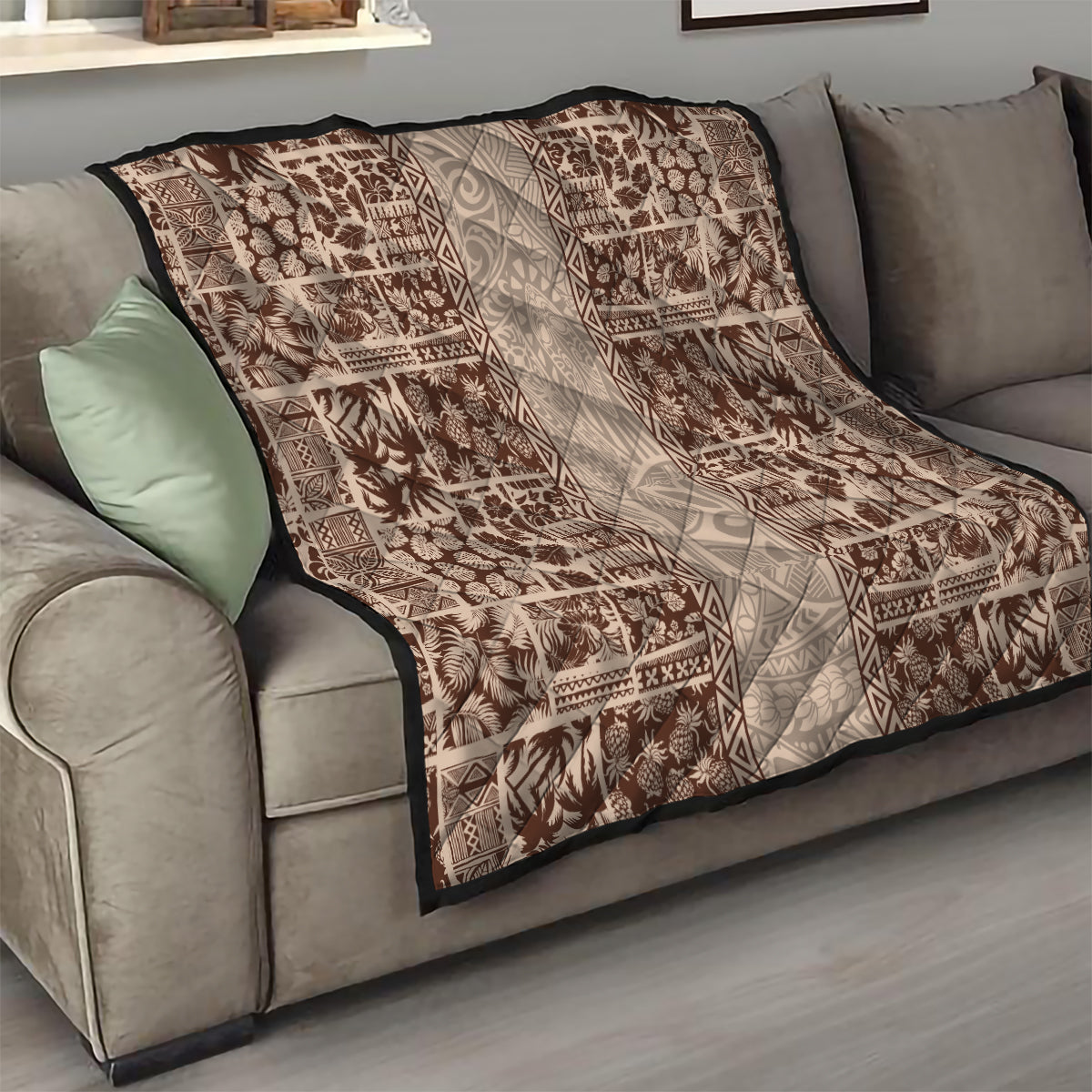 Hawaii Style Hibiscus and Tribal Element Fabric Patchwork Quilt Beige Version LT03 - Polynesian Pride