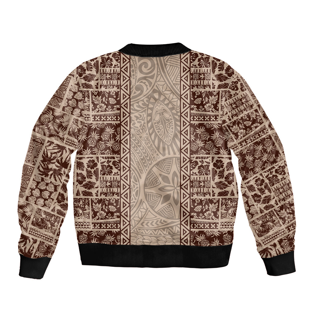 Hawaii Style Hibiscus and Tribal Element Fabric Patchwork Sleeve Zip Bomber Jacket Beige Version LT03 - Polynesian Pride
