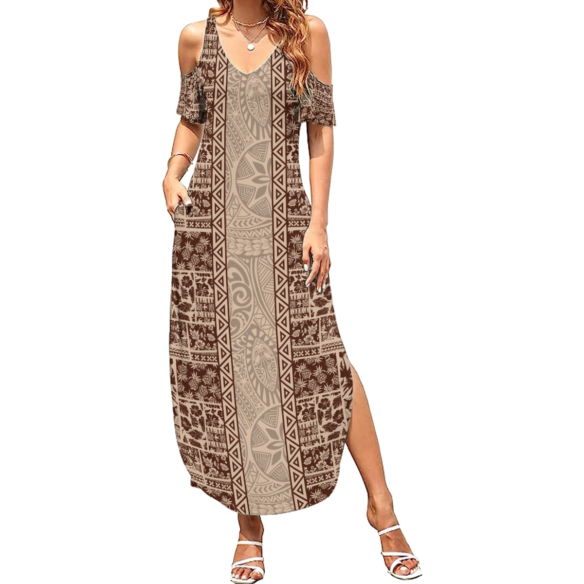 Hawaii Style Hibiscus and Tribal Element Fabric Patchwork Summer Maxi Dress Beige Version LT03 Women Beige - Polynesian Pride